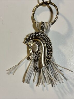 Handcrafted Silver Horse Head Keychain with Grey Tassel